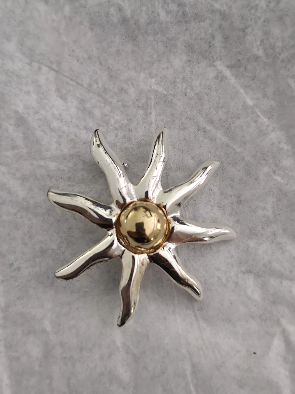 Vintage Sunburst Metal Brooch in Silver and Gold